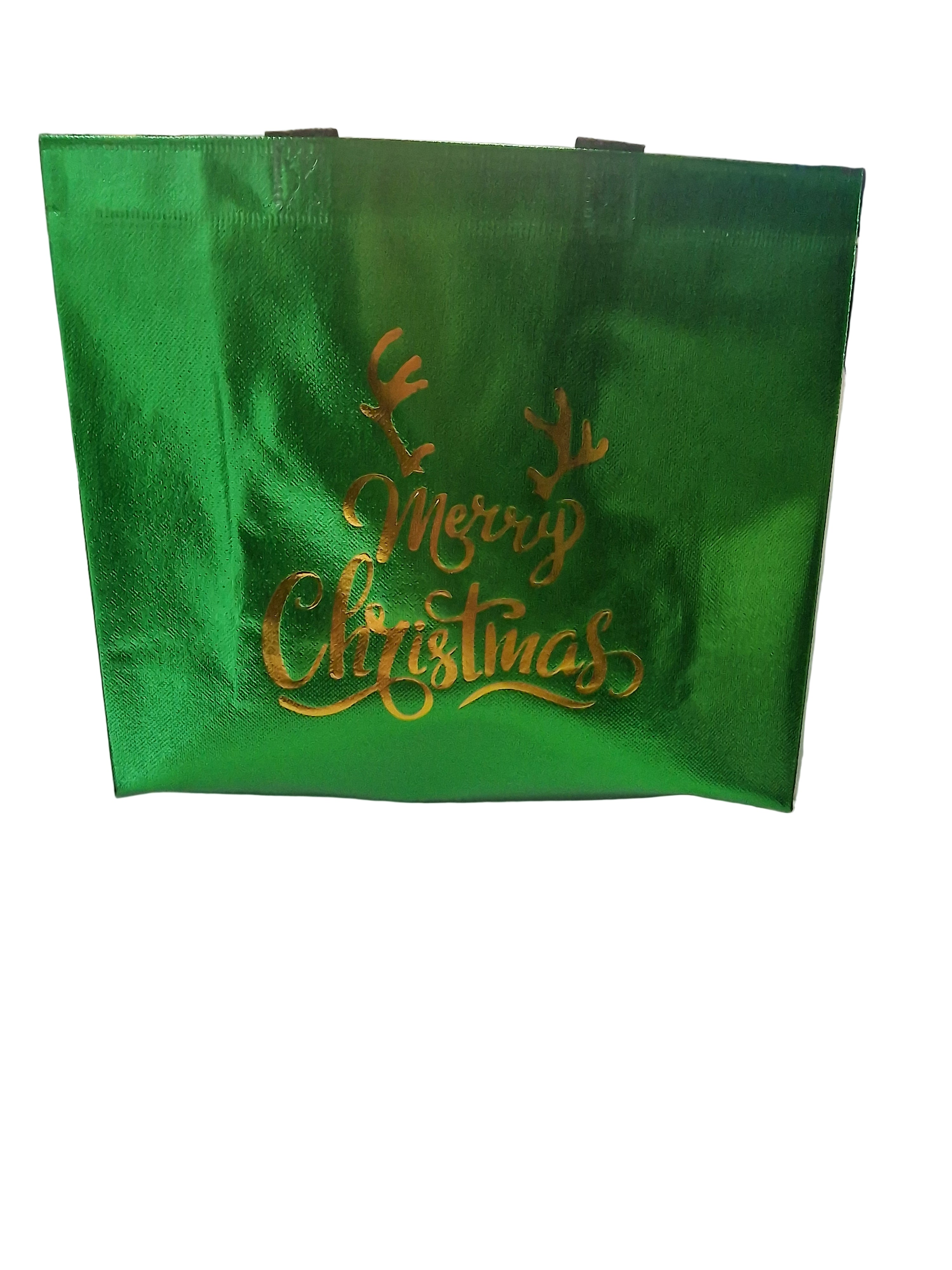 Green fabric with gold text 'Merry Christmas' on a white chair.