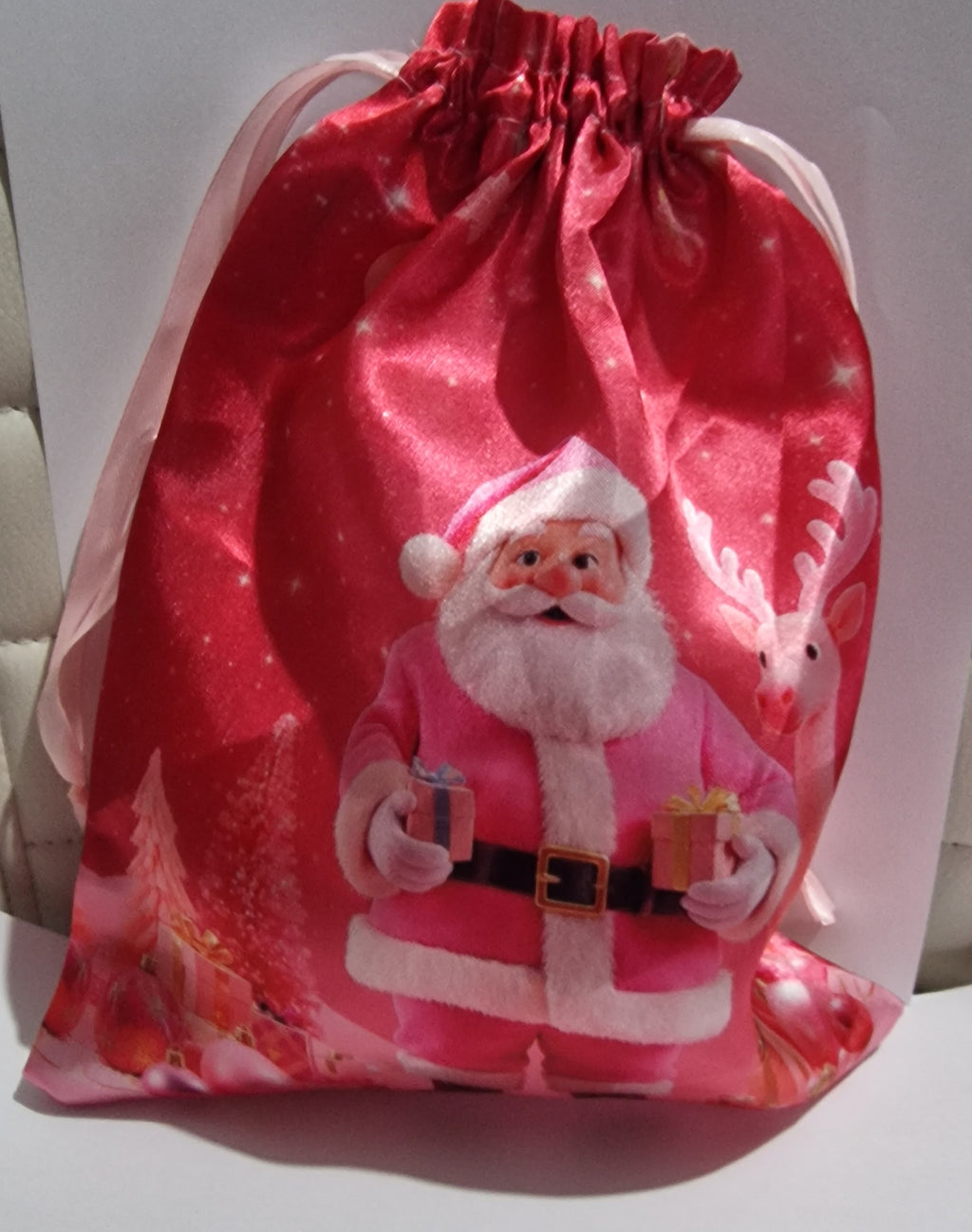 2pc Pink Reusable Christmas Candy & Gift Bags with Striped Corduroy-like Cadin Fabric