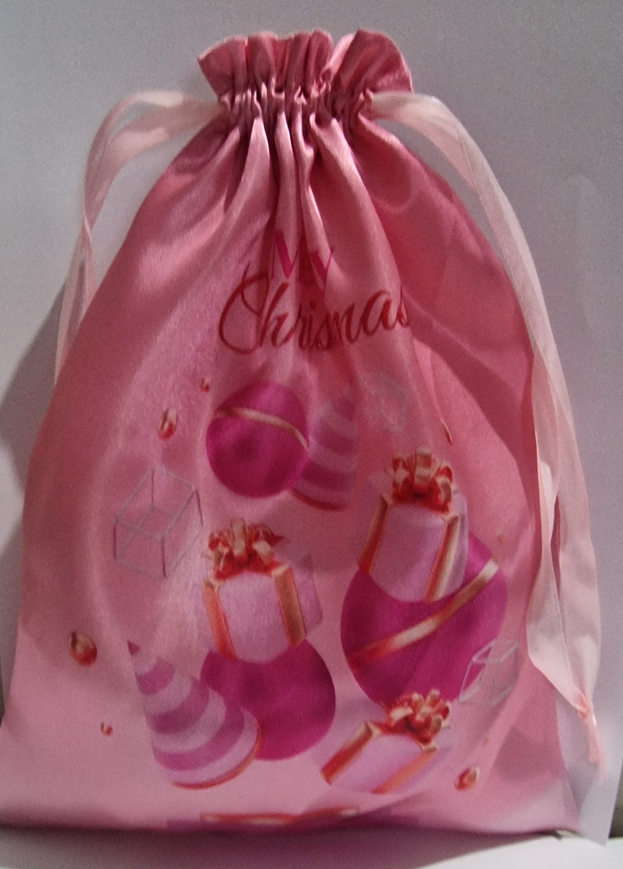 2pc Pink Reusable Christmas Candy & Gift Bags with Striped Corduroy-like Cadin Fabric