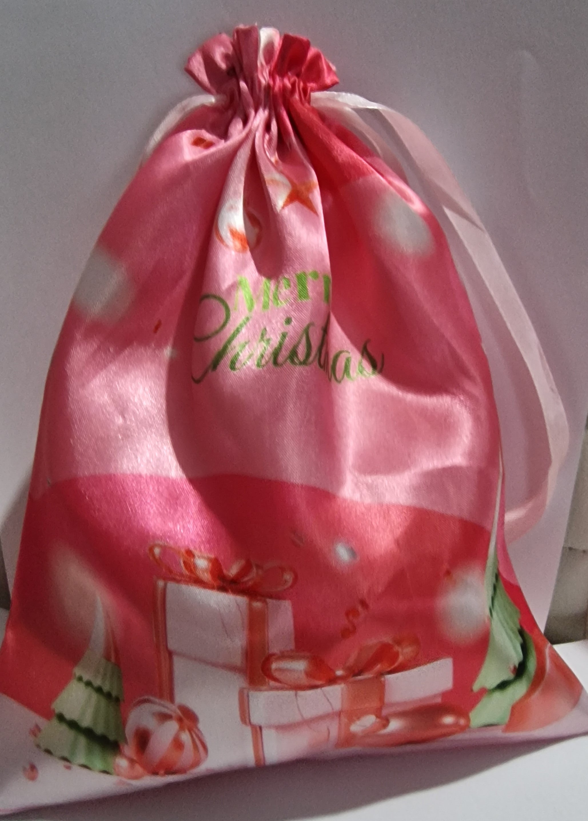 2pc Pink Reusable Christmas Candy & Gift Bags with Striped Corduroy-like Cadin Fabric