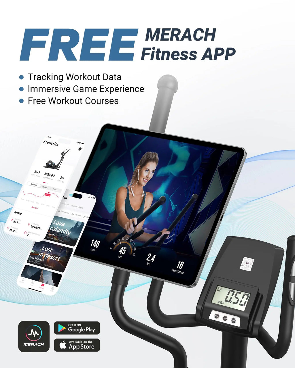 MERACH Elliptical Machine - Ultra-Quiet Magnetic Resistance with 16 Levels & App